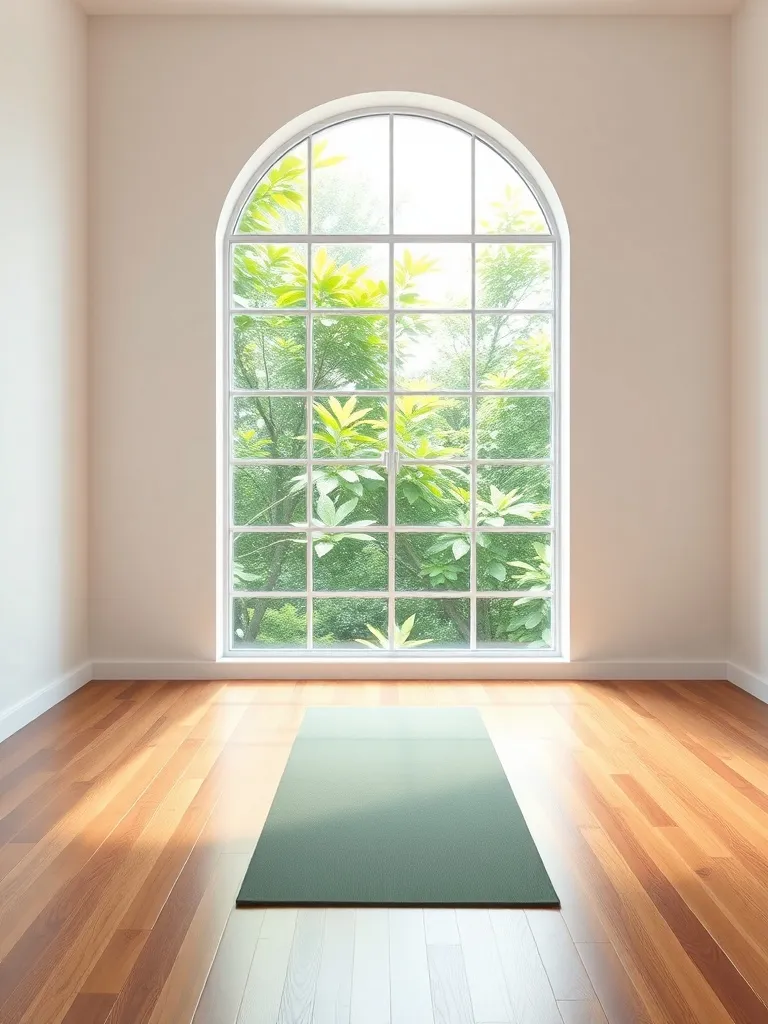 A minimalist bright yoga studio with a simple yoga mat, wood